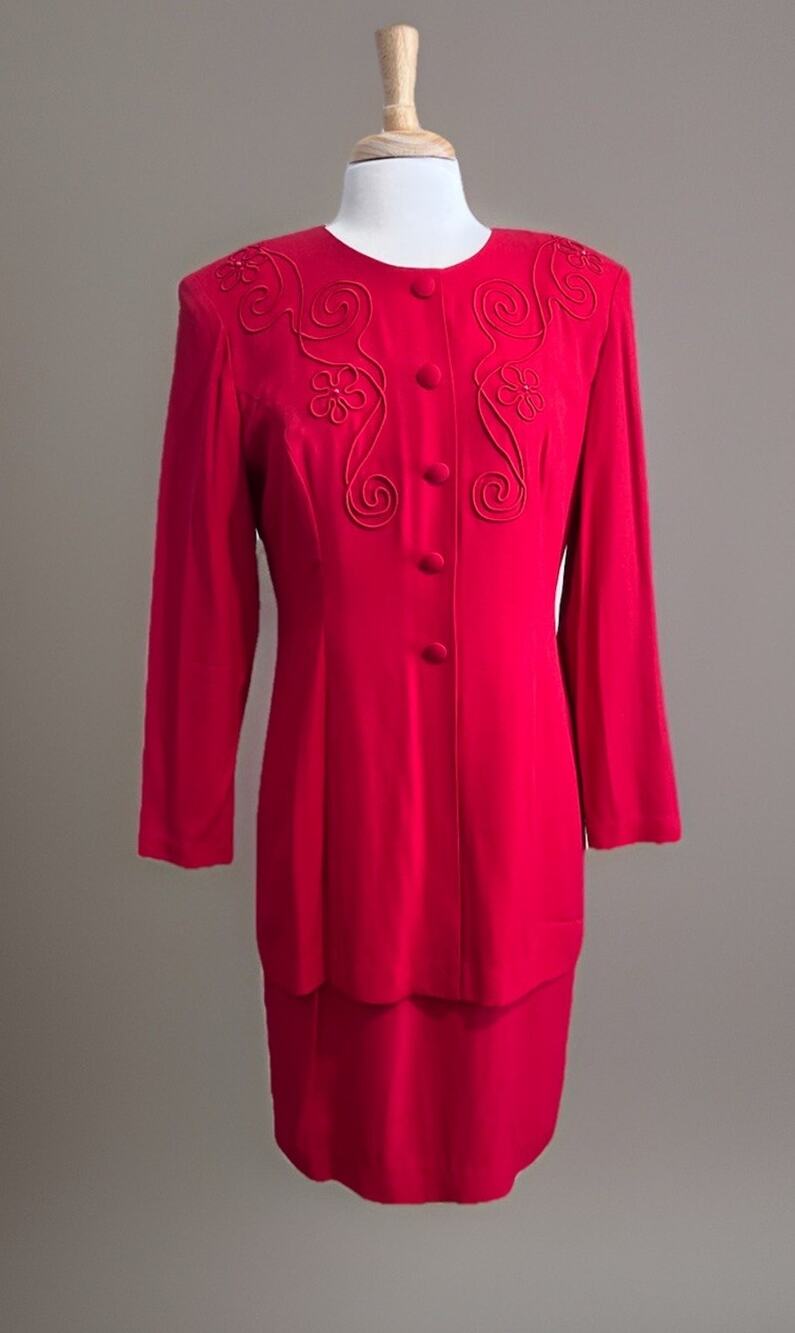 STUDIO I Suit Dress Womens 10P Holiday Red Embroidery 90s Classic Career